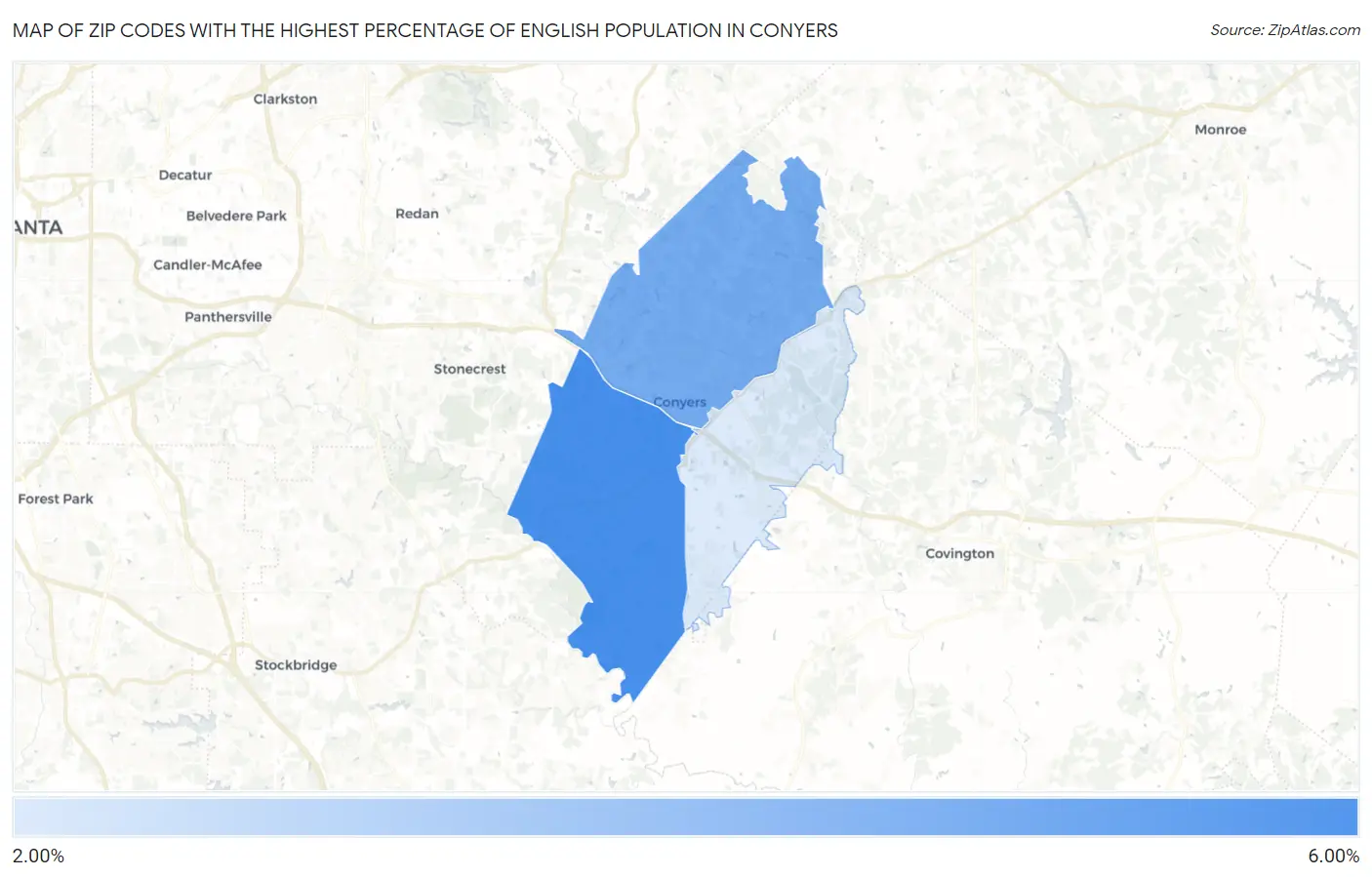Zip Codes with the Highest Percentage of English Population in Conyers Map
