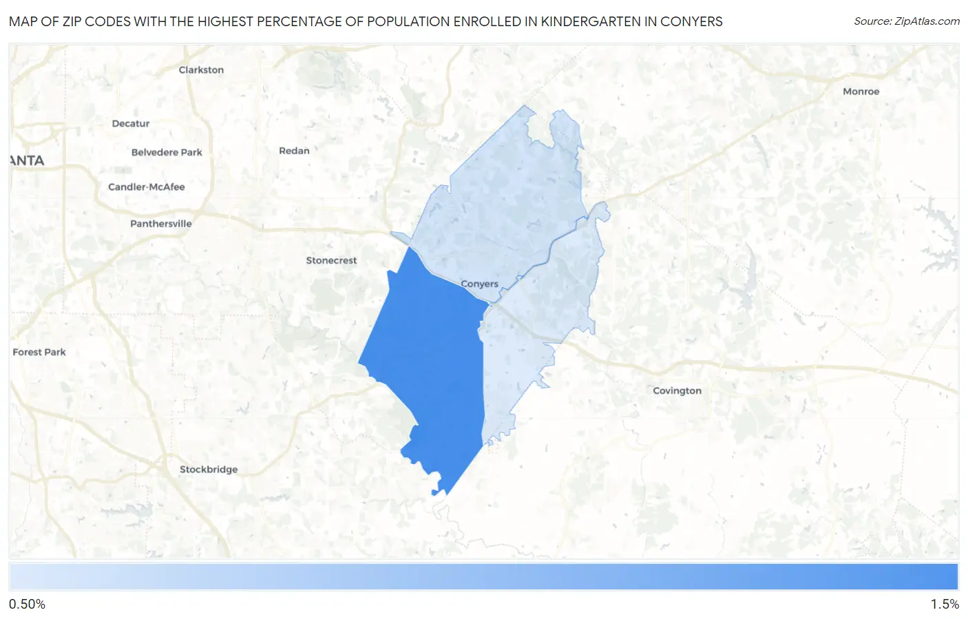Zip Codes with the Highest Percentage of Population Enrolled in Kindergarten in Conyers Map