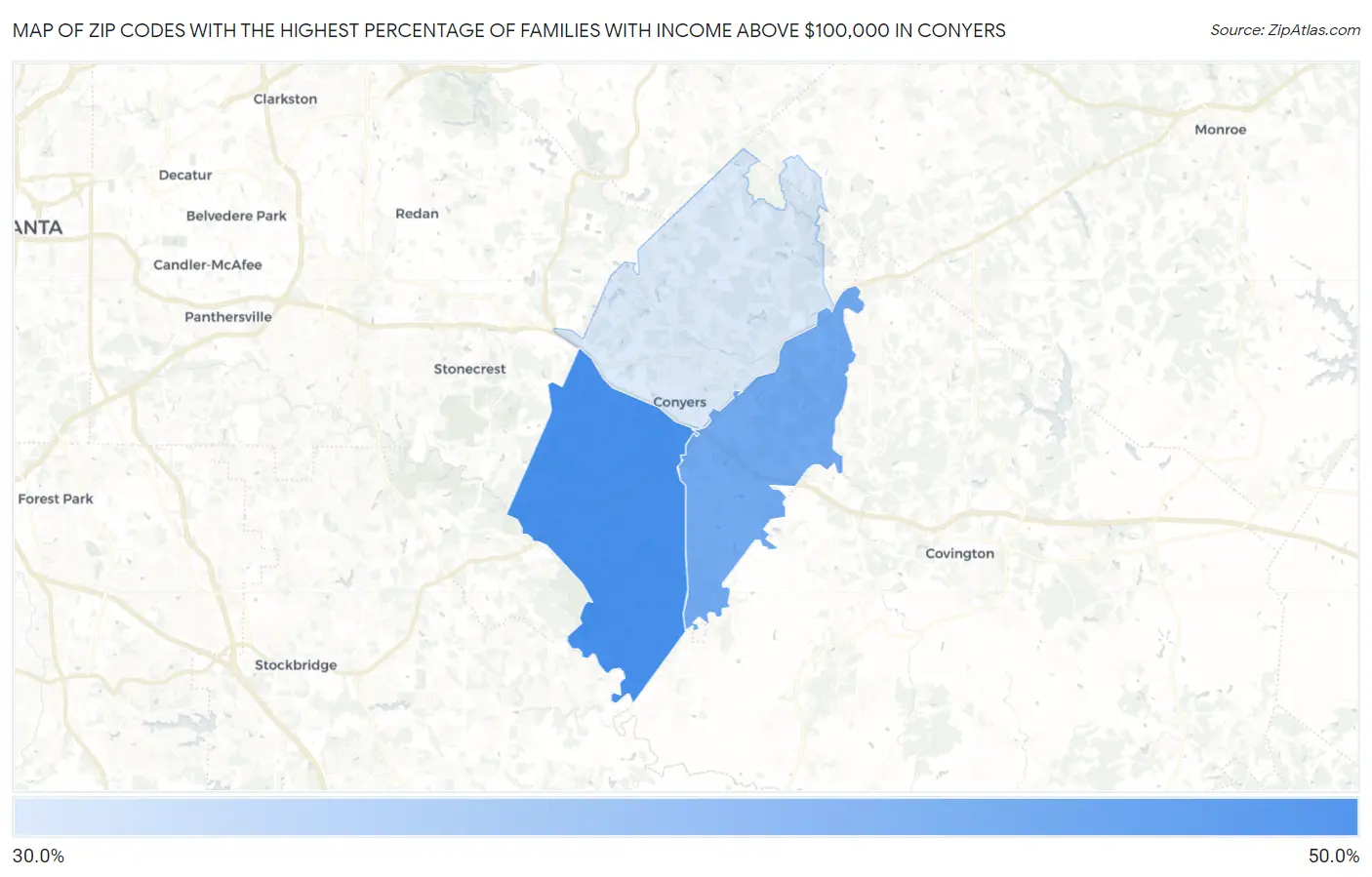 Zip Codes with the Highest Percentage of Families with Income Above $100,000 in Conyers Map