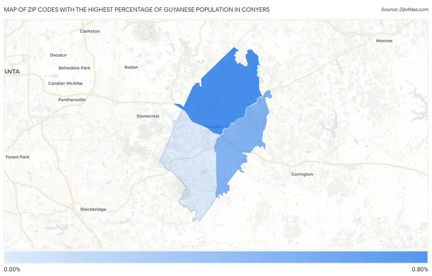 Zip Codes with the Highest Percentage of Guyanese Population in Conyers Map