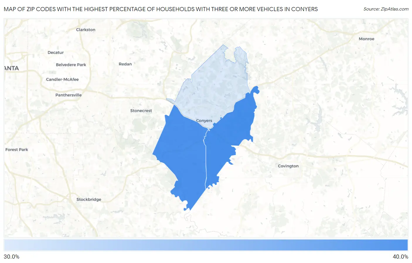 Zip Codes with the Highest Percentage of Households With Three or more Vehicles in Conyers Map