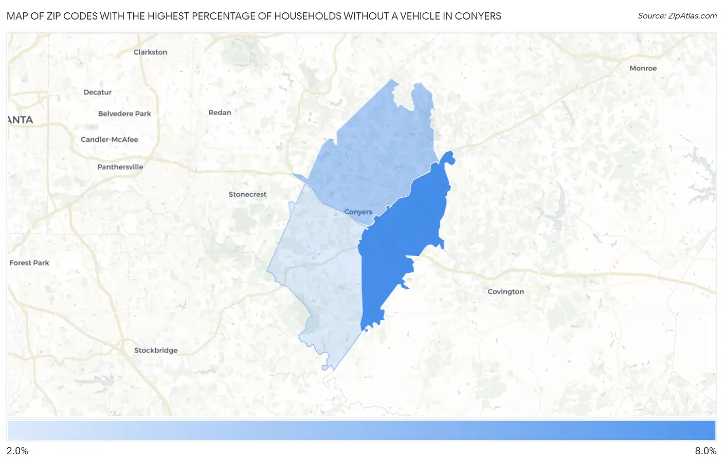 Zip Codes with the Highest Percentage of Households Without a Vehicle in Conyers Map