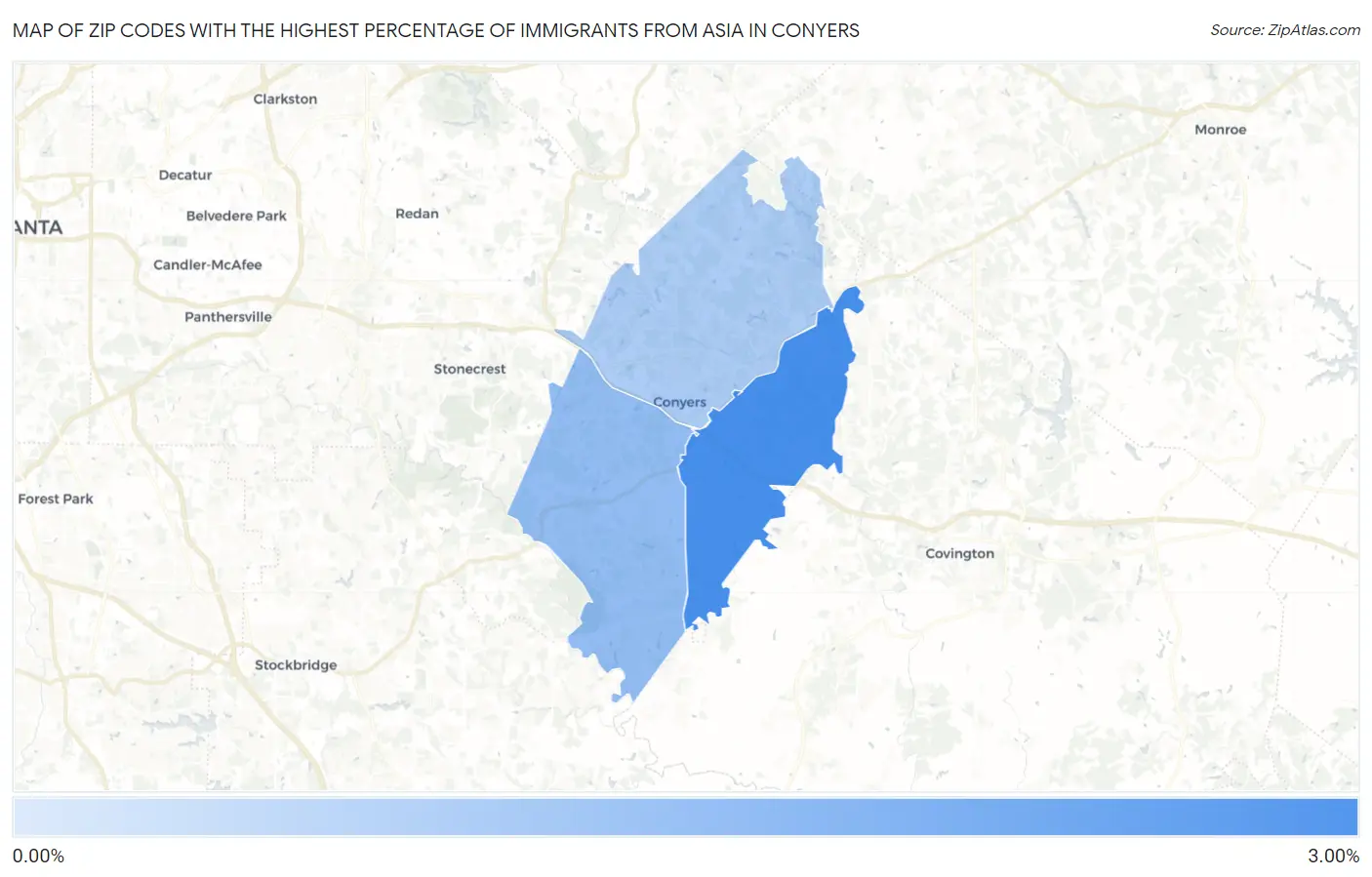 Zip Codes with the Highest Percentage of Immigrants from Asia in Conyers Map