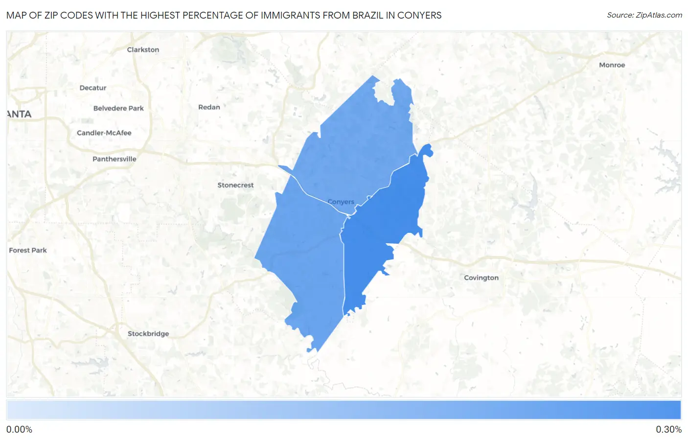 Zip Codes with the Highest Percentage of Immigrants from Brazil in Conyers Map
