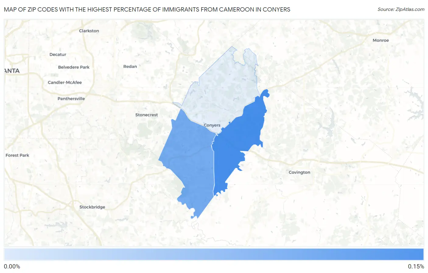 Zip Codes with the Highest Percentage of Immigrants from Cameroon in Conyers Map