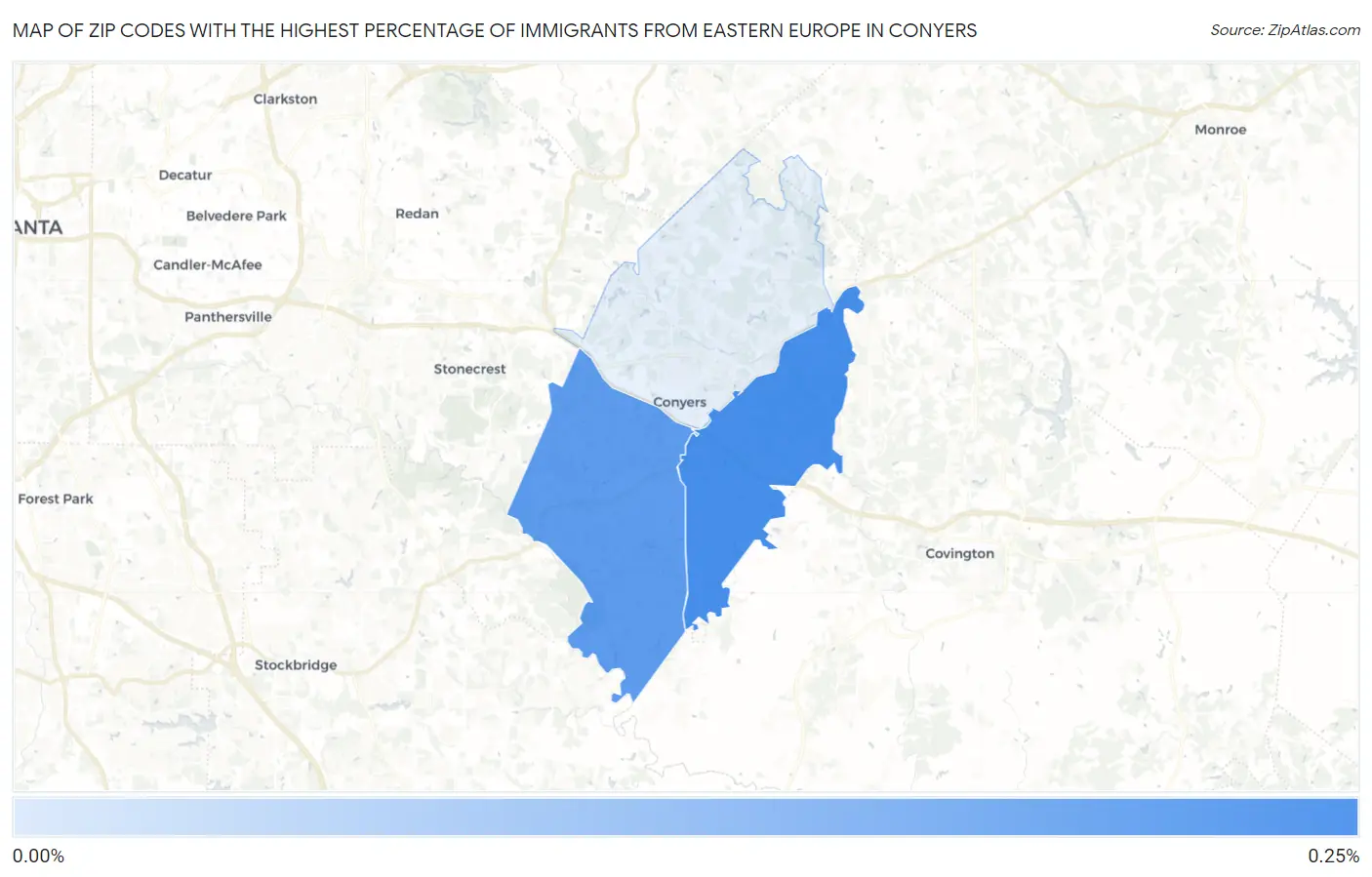 Zip Codes with the Highest Percentage of Immigrants from Eastern Europe in Conyers Map