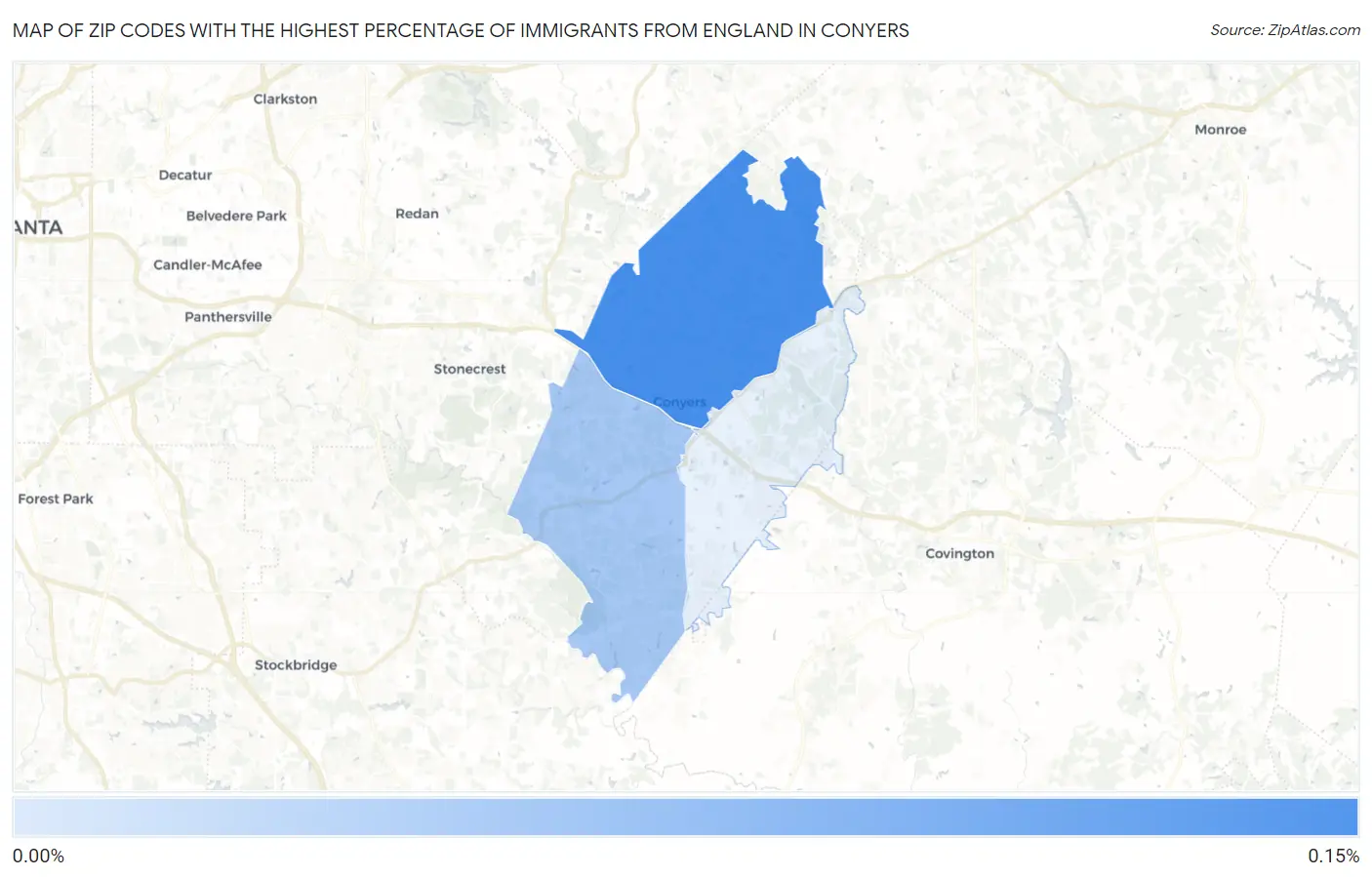 Zip Codes with the Highest Percentage of Immigrants from England in Conyers Map