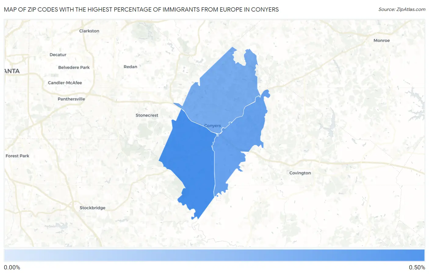 Zip Codes with the Highest Percentage of Immigrants from Europe in Conyers Map