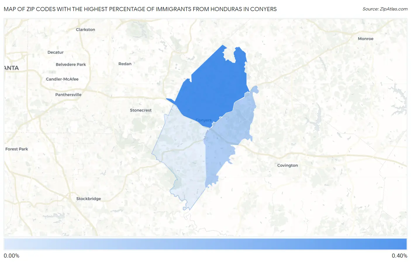 Zip Codes with the Highest Percentage of Immigrants from Honduras in Conyers Map