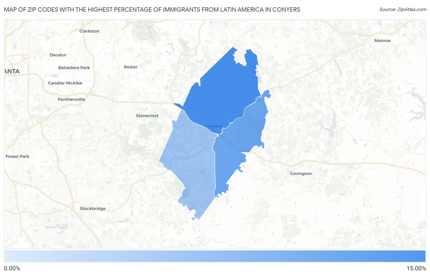 Zip Codes with the Highest Percentage of Immigrants from Latin America in Conyers Map