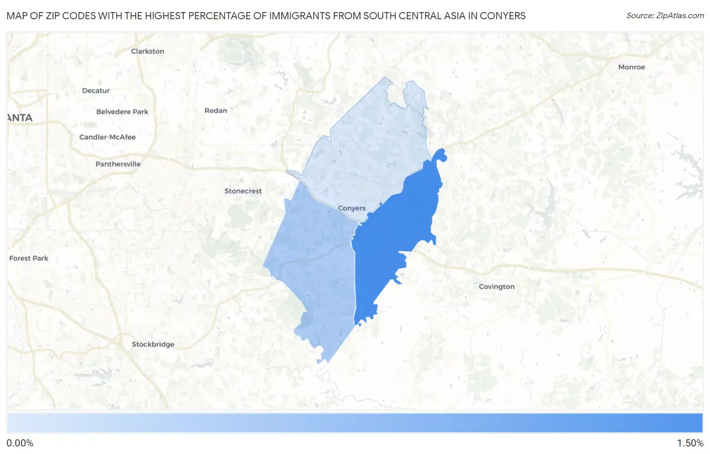 Zip Codes with the Highest Percentage of Immigrants from South Central Asia in Conyers Map