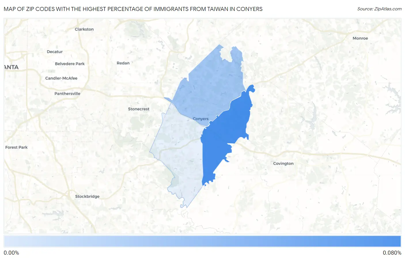 Zip Codes with the Highest Percentage of Immigrants from Taiwan in Conyers Map