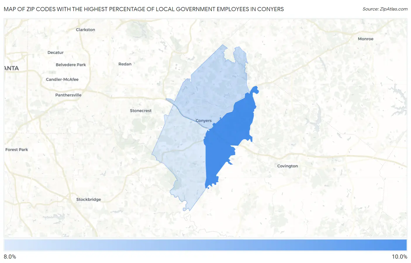 Zip Codes with the Highest Percentage of Local Government Employees in Conyers Map