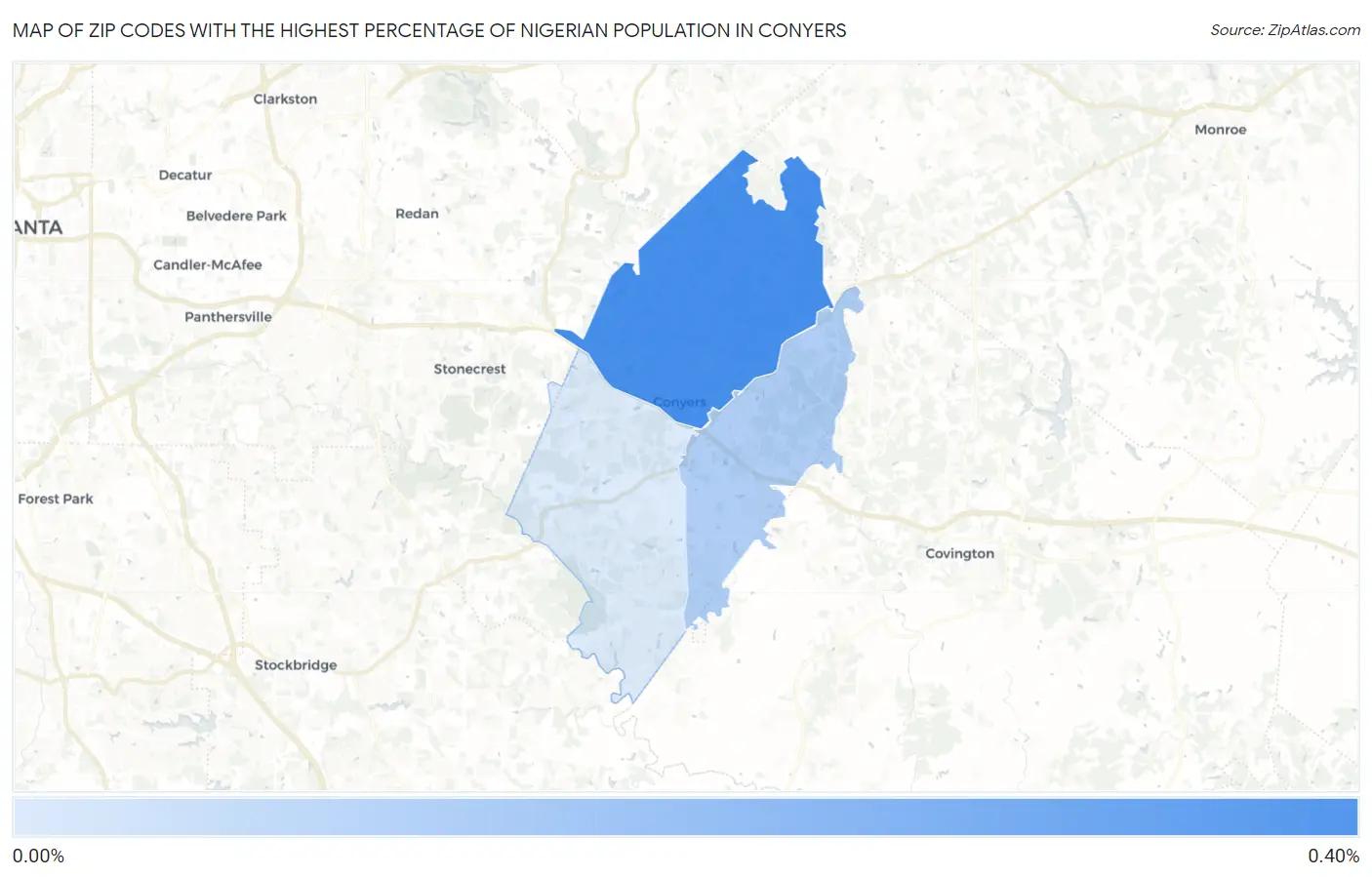 Zip Codes with the Highest Percentage of Nigerian Population in Conyers Map