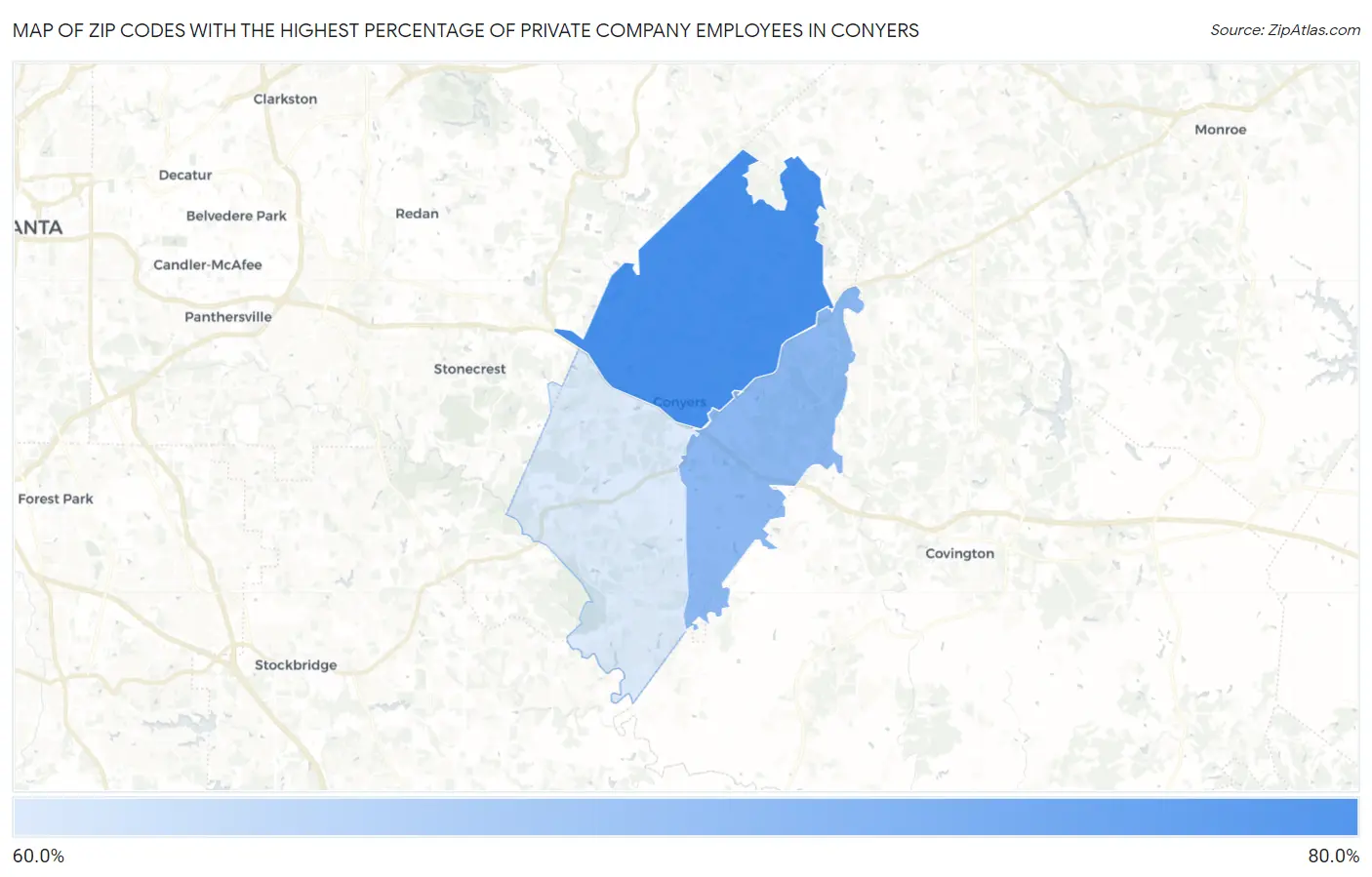 Zip Codes with the Highest Percentage of Private Company Employees in Conyers Map