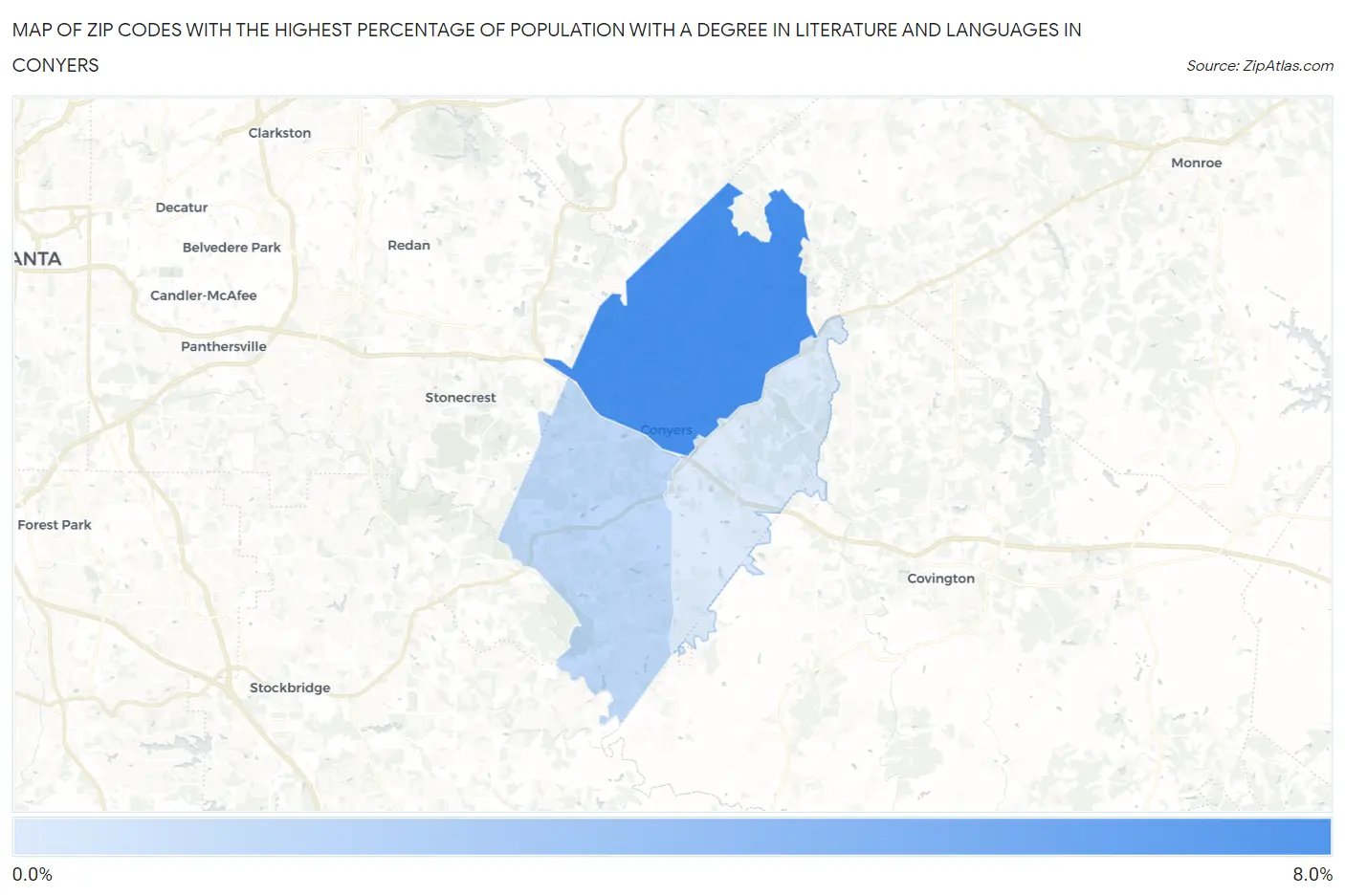 Zip Codes with the Highest Percentage of Population with a Degree in Literature and Languages in Conyers Map