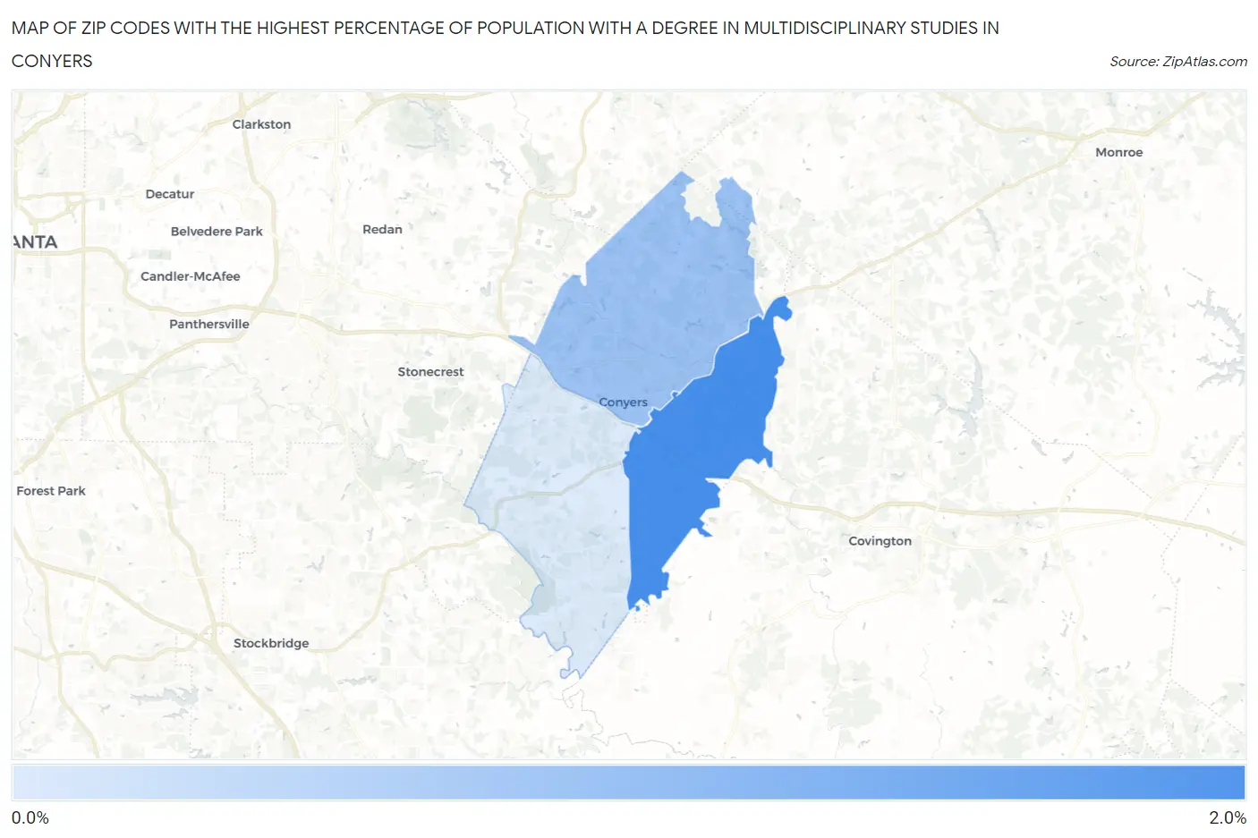 Zip Codes with the Highest Percentage of Population with a Degree in Multidisciplinary Studies in Conyers Map