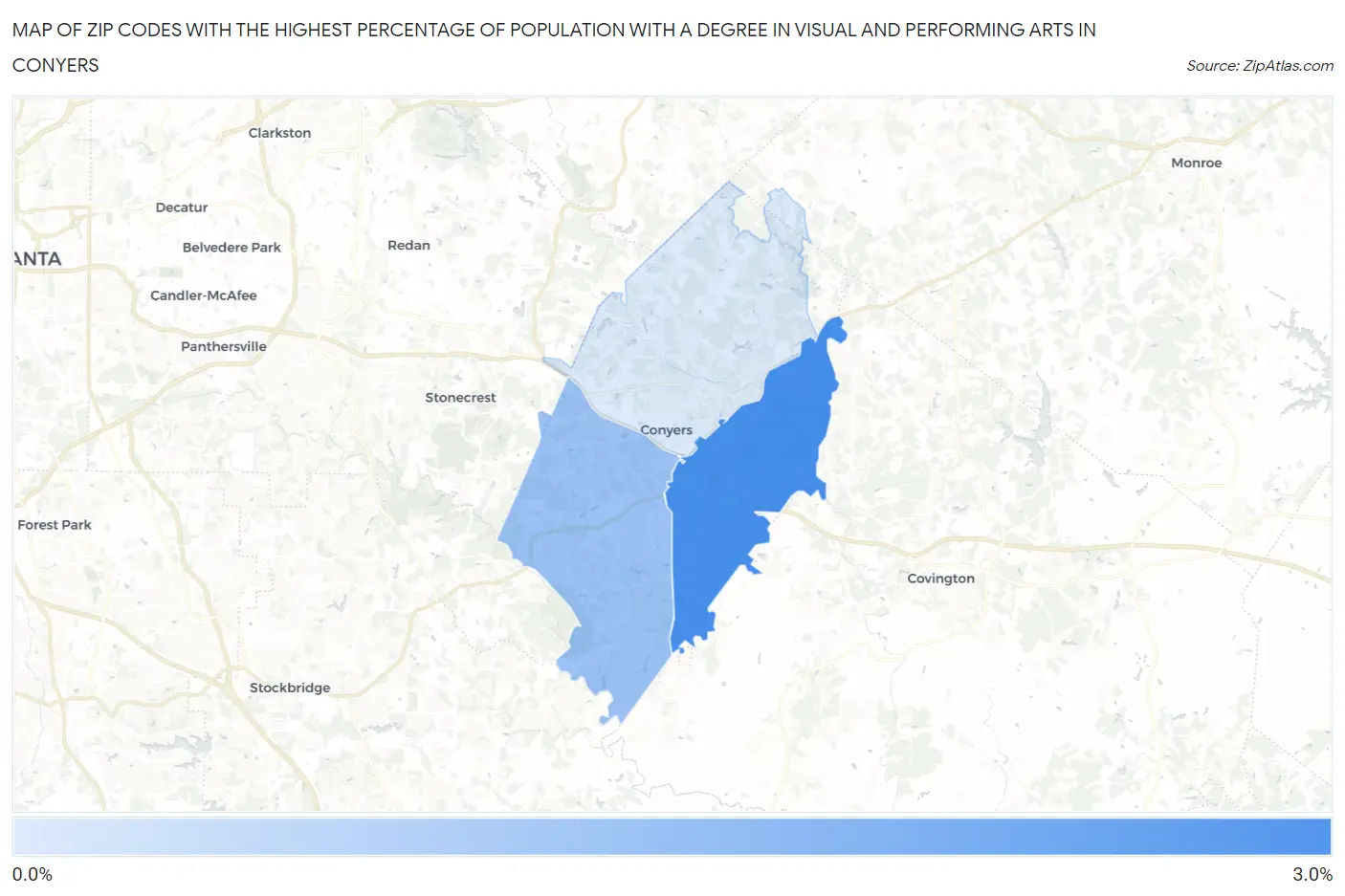Zip Codes with the Highest Percentage of Population with a Degree in Visual and Performing Arts in Conyers Map