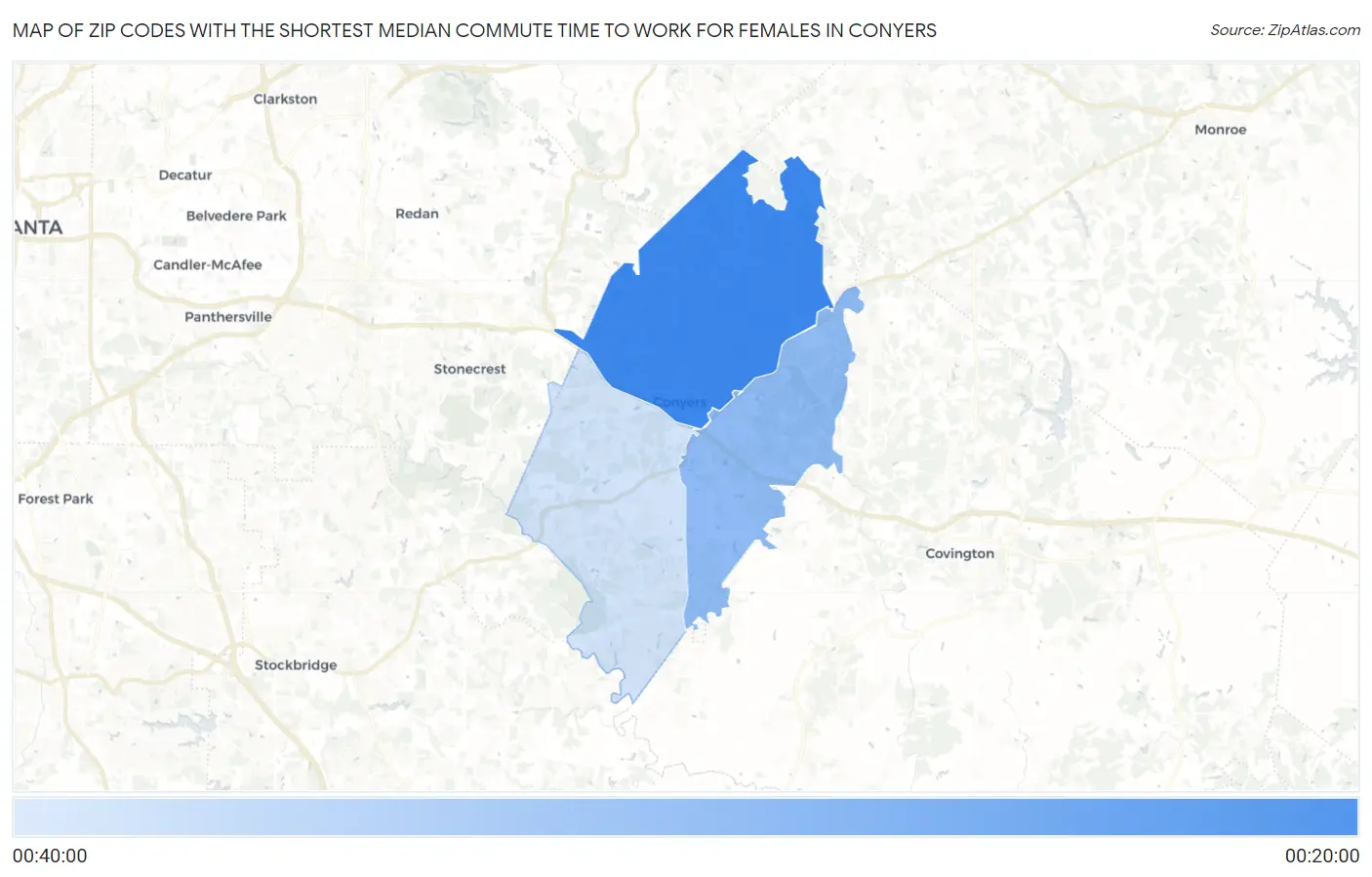 Zip Codes with the Shortest Median Commute Time to Work for Females in Conyers Map