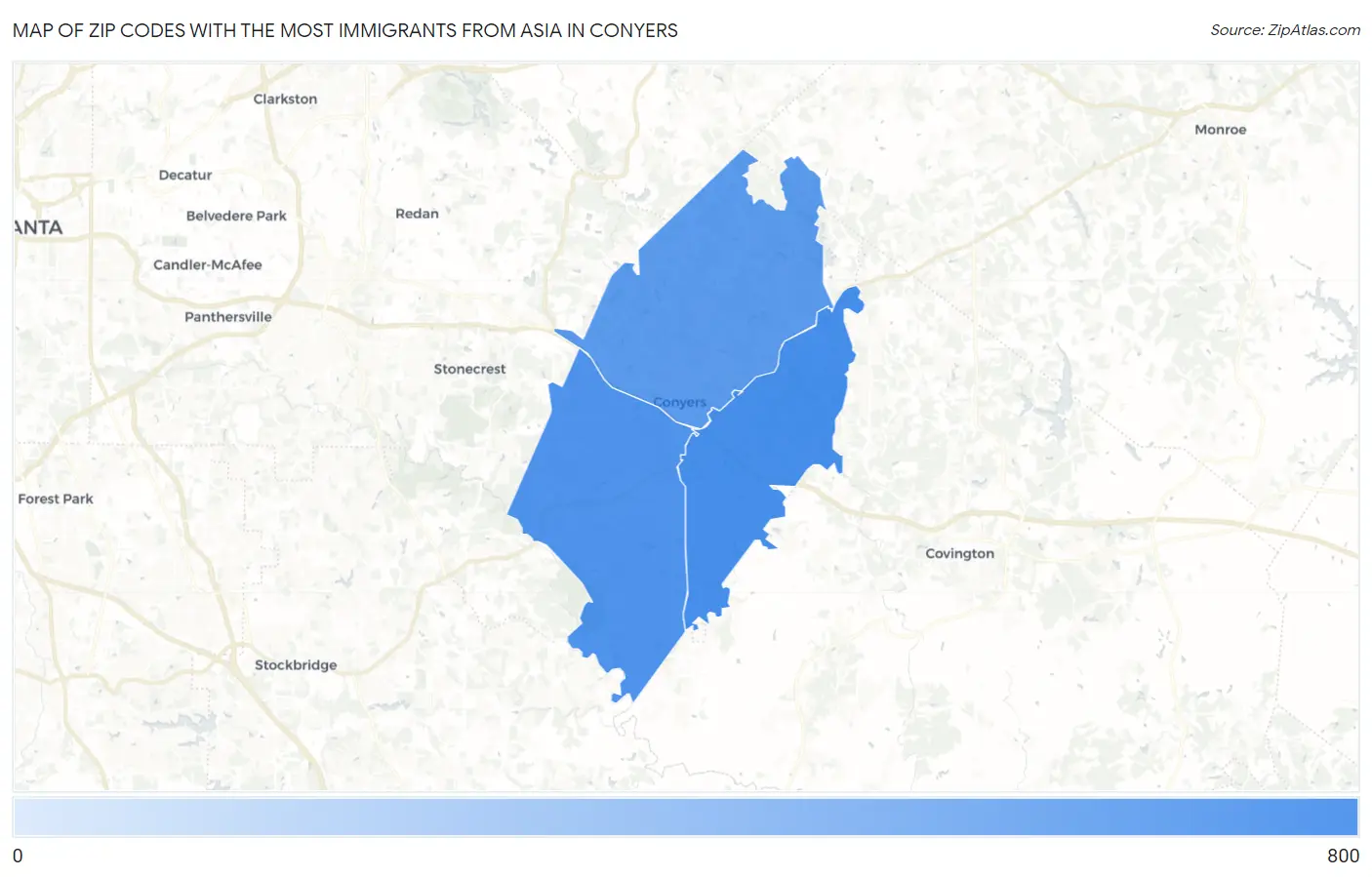 Zip Codes with the Most Immigrants from Asia in Conyers Map