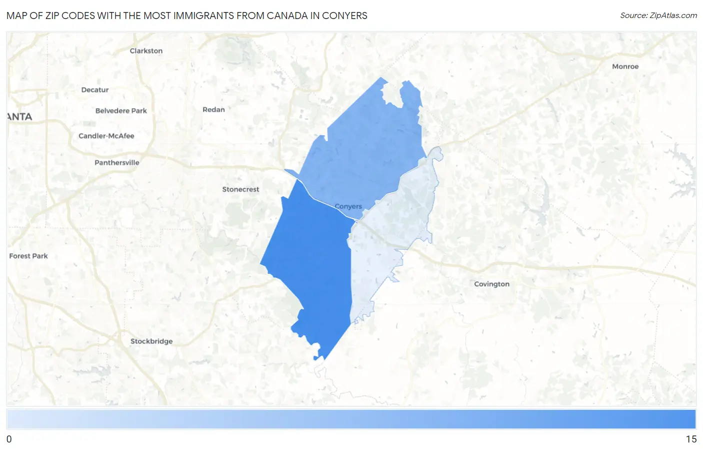 Zip Codes with the Most Immigrants from Canada in Conyers Map