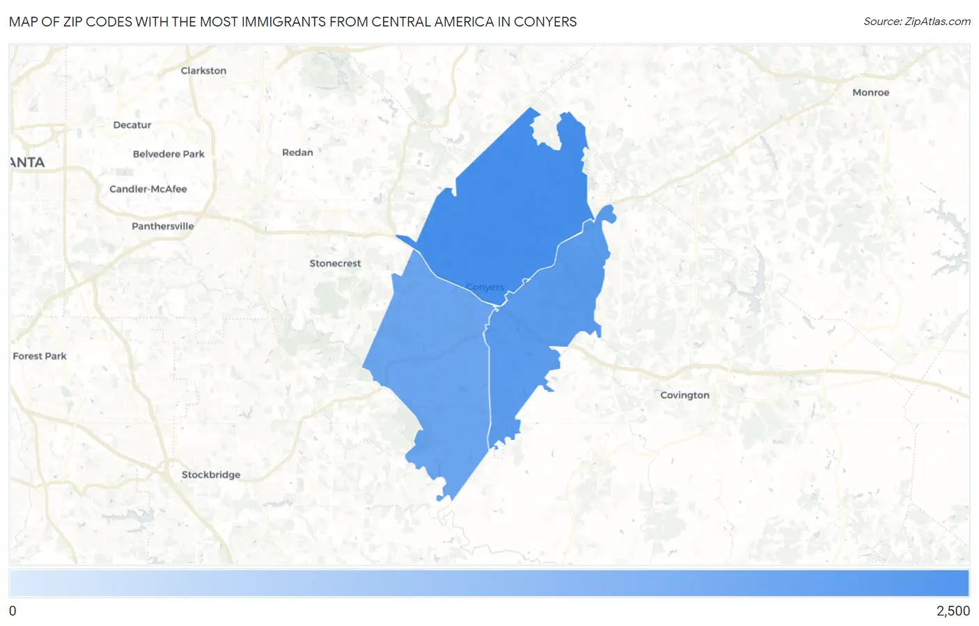 Zip Codes with the Most Immigrants from Central America in Conyers Map