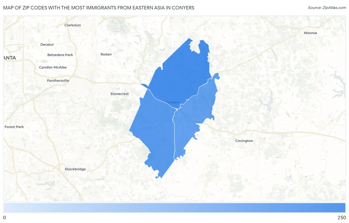 Zip Codes with the Most Immigrants from Eastern Asia in Conyers Map