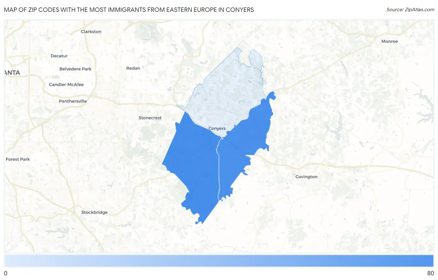 Zip Codes with the Most Immigrants from Eastern Europe in Conyers Map