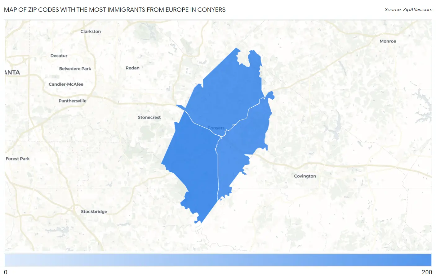 Zip Codes with the Most Immigrants from Europe in Conyers Map
