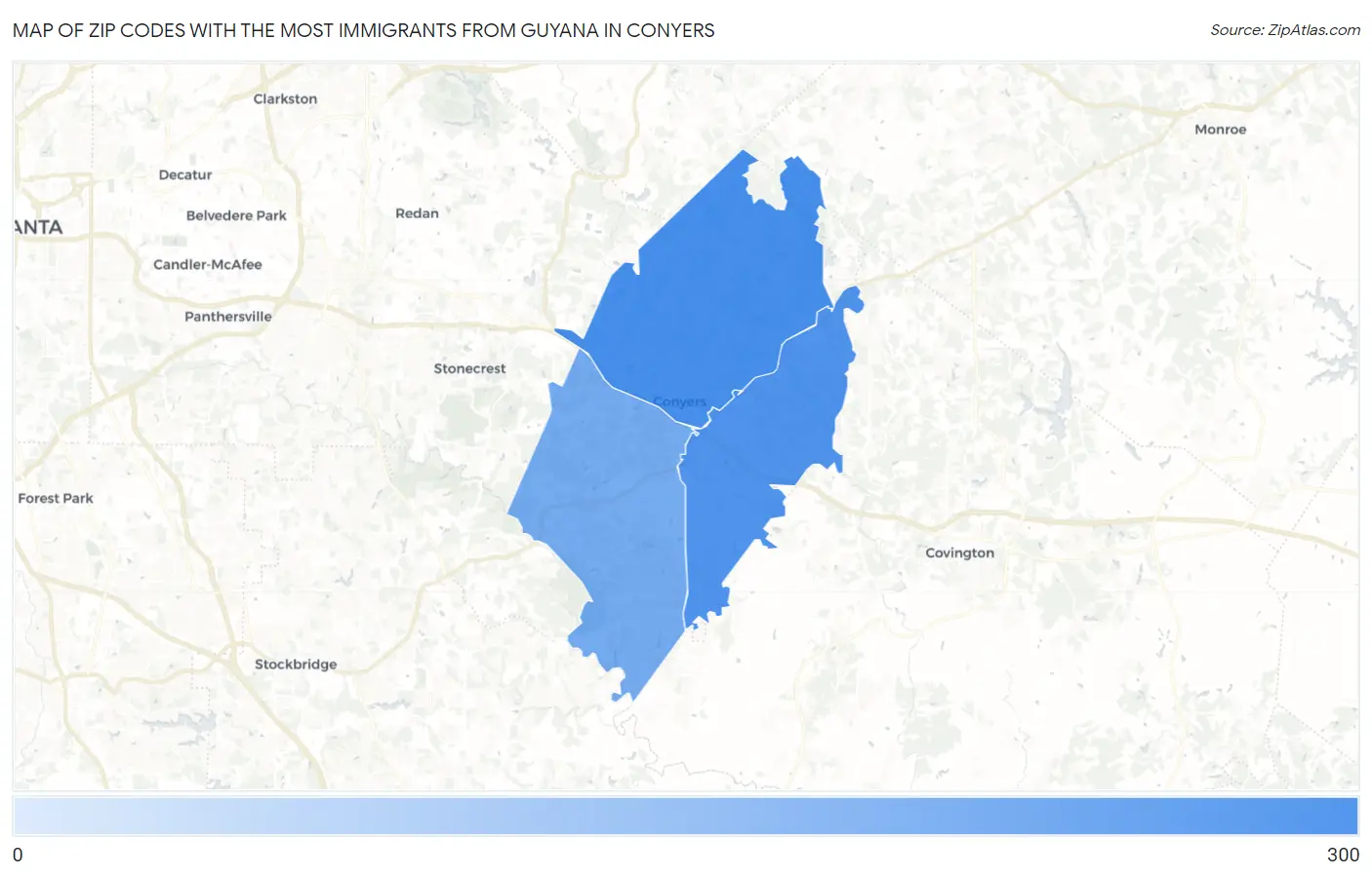 Zip Codes with the Most Immigrants from Guyana in Conyers Map