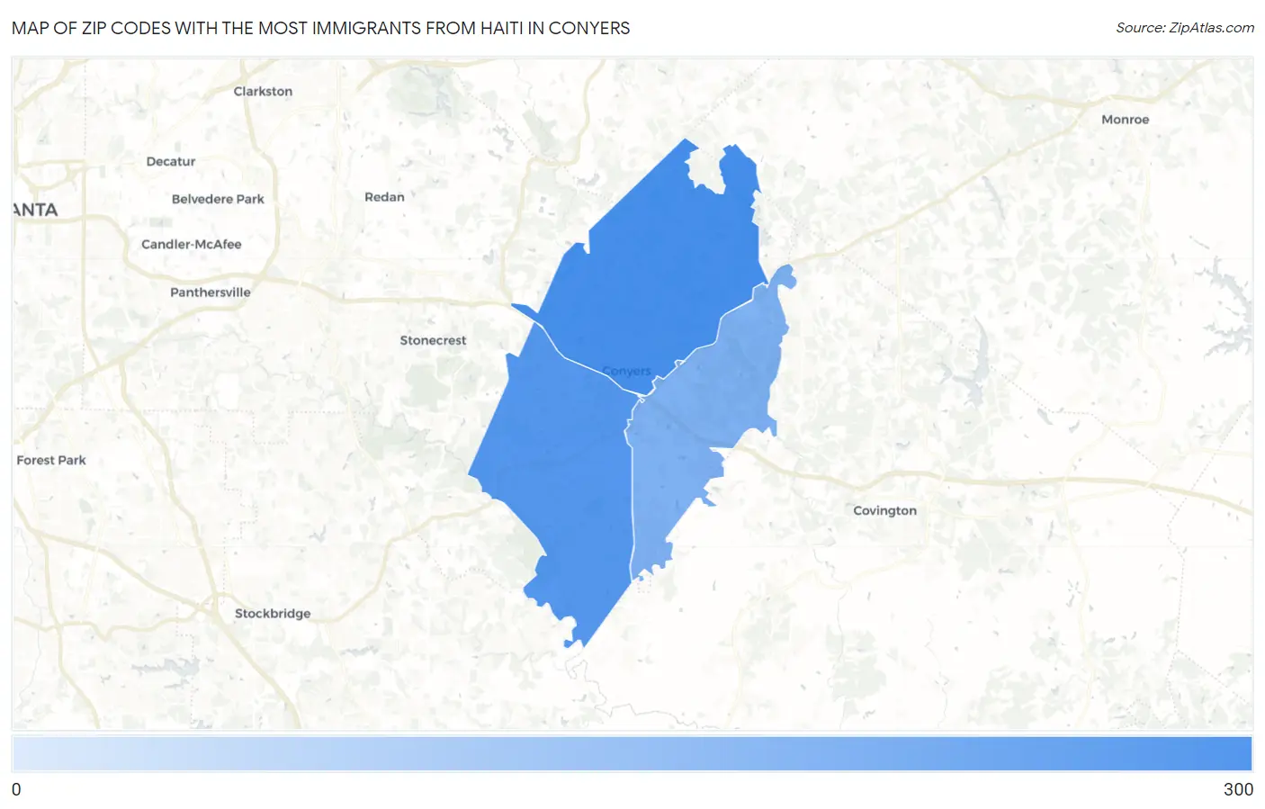Zip Codes with the Most Immigrants from Haiti in Conyers Map