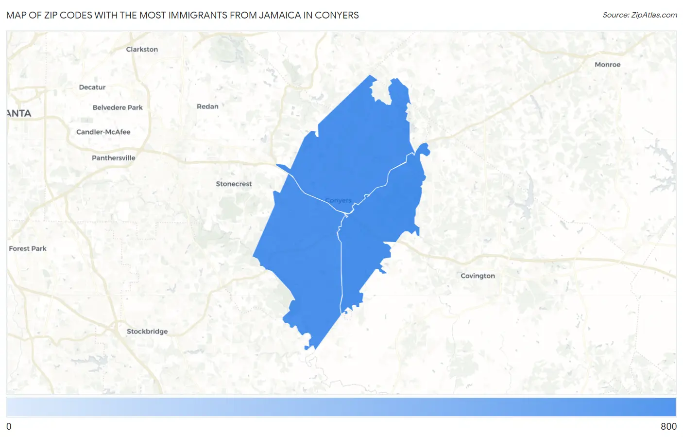 Zip Codes with the Most Immigrants from Jamaica in Conyers Map