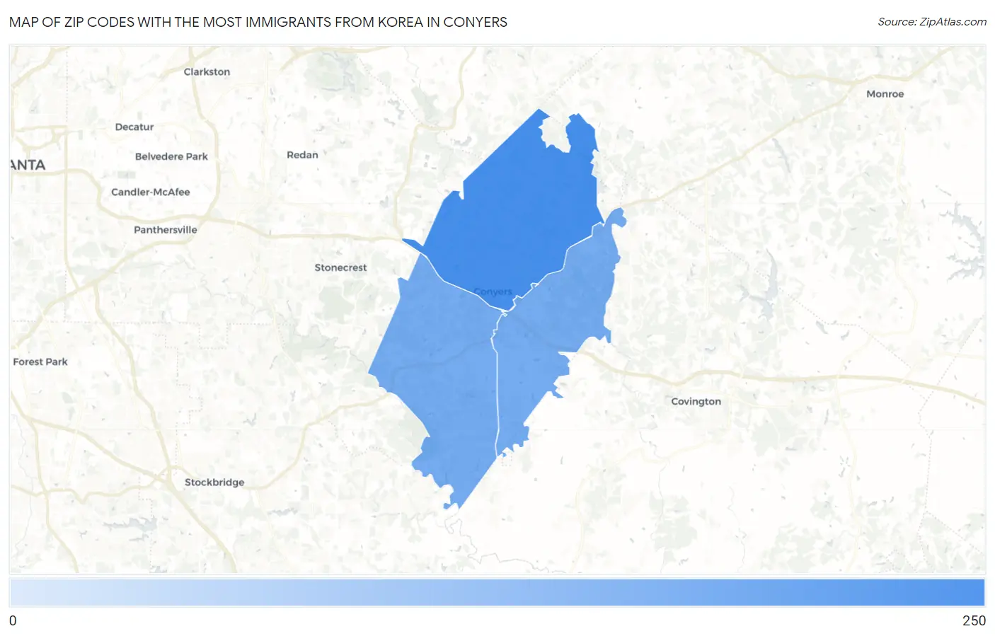 Zip Codes with the Most Immigrants from Korea in Conyers Map