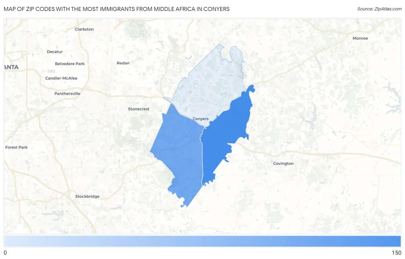 Zip Codes with the Most Immigrants from Middle Africa in Conyers Map