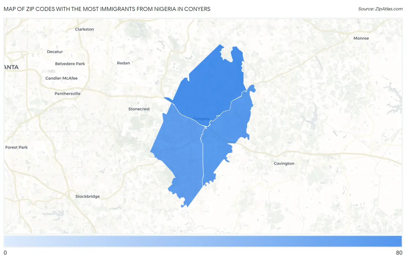 Zip Codes with the Most Immigrants from Nigeria in Conyers Map
