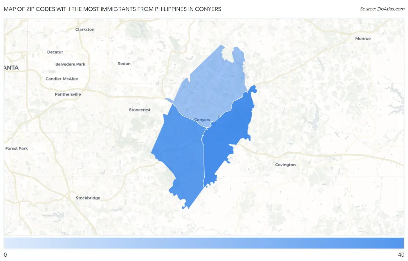 Zip Codes with the Most Immigrants from Philippines in Conyers Map