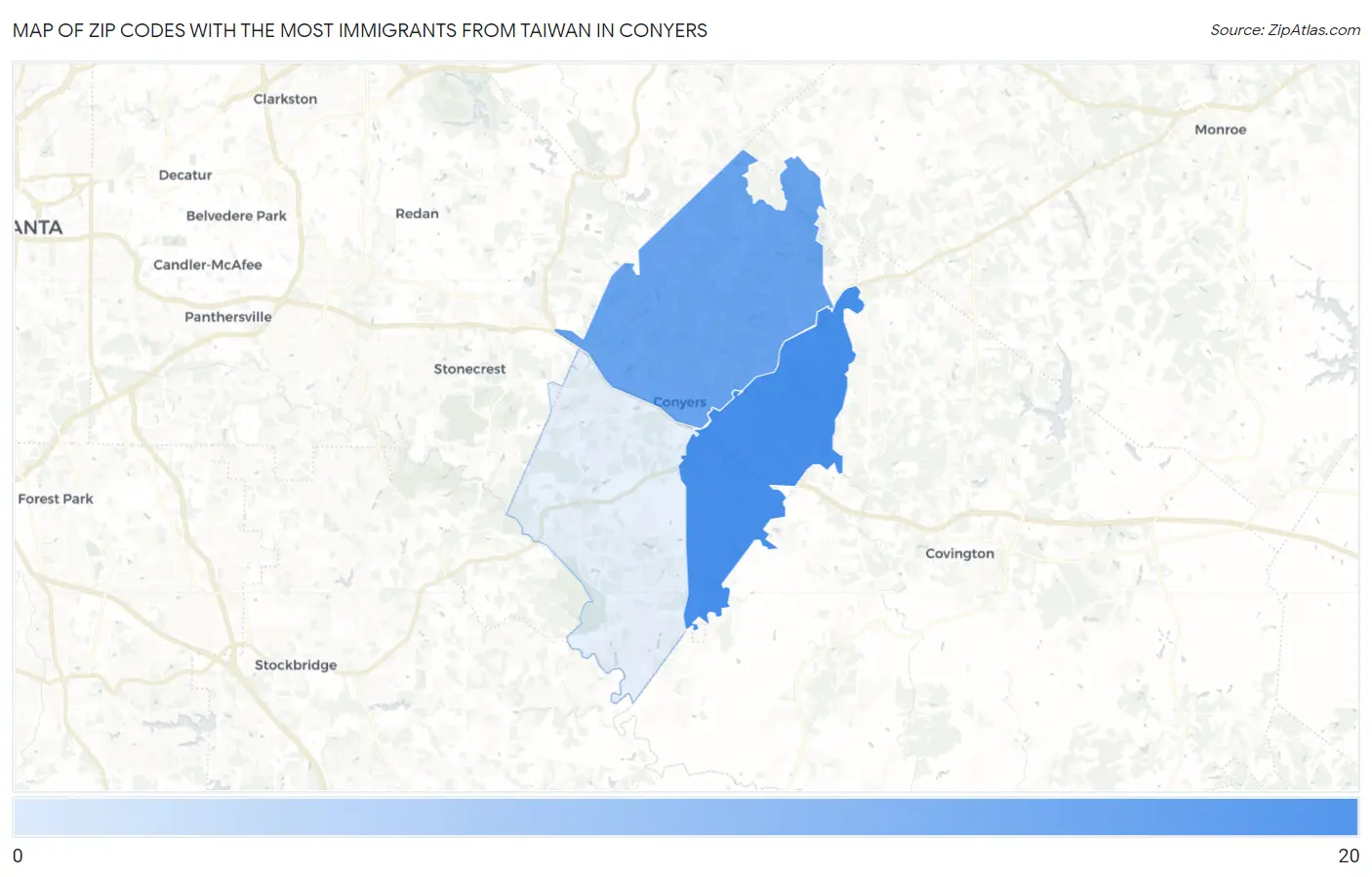Zip Codes with the Most Immigrants from Taiwan in Conyers Map