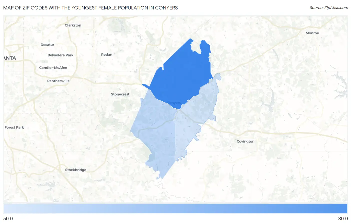 Zip Codes with the Youngest Female Population in Conyers Map