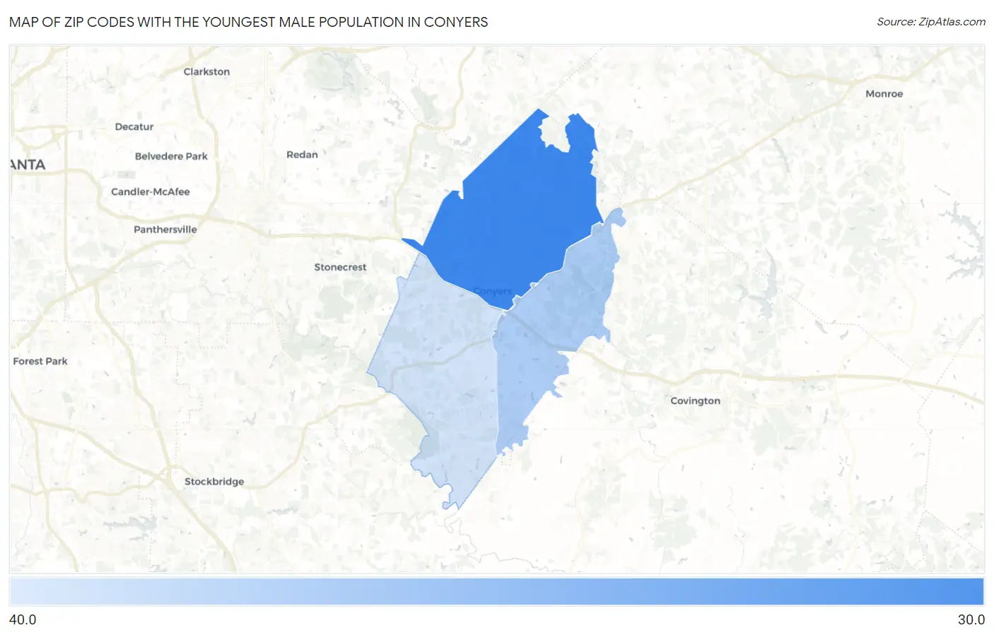 Zip Codes with the Youngest Male Population in Conyers Map