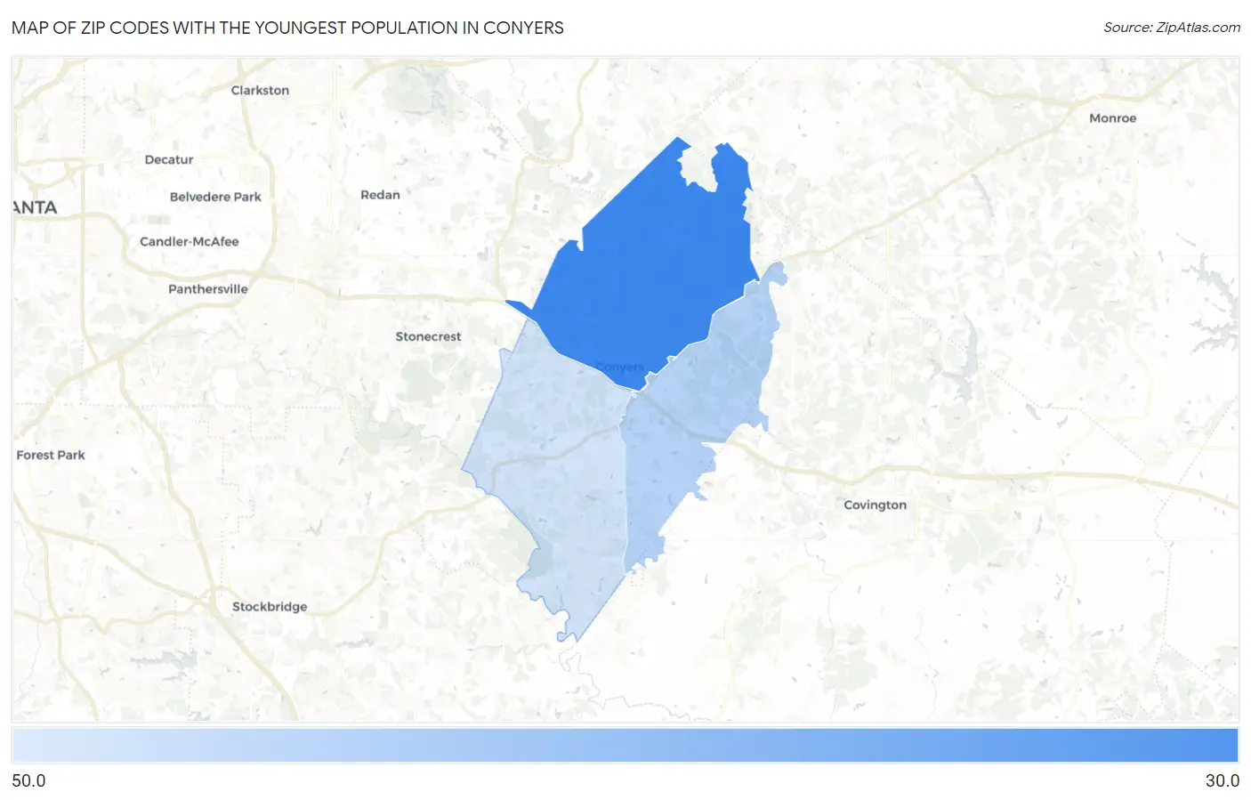 Zip Codes with the Youngest Population in Conyers Map