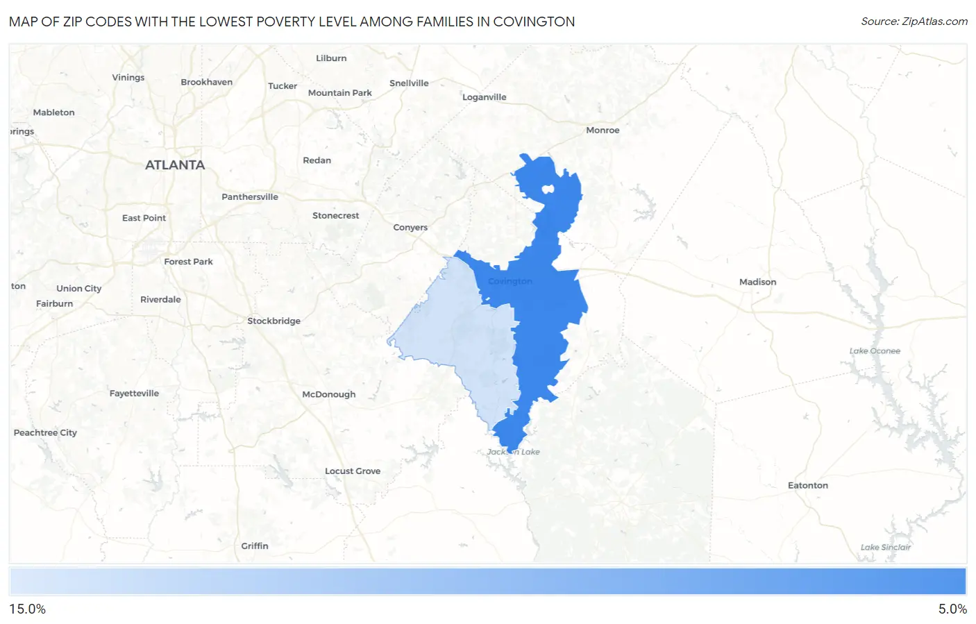 Zip Codes with the Lowest Poverty Level Among Families in Covington Map