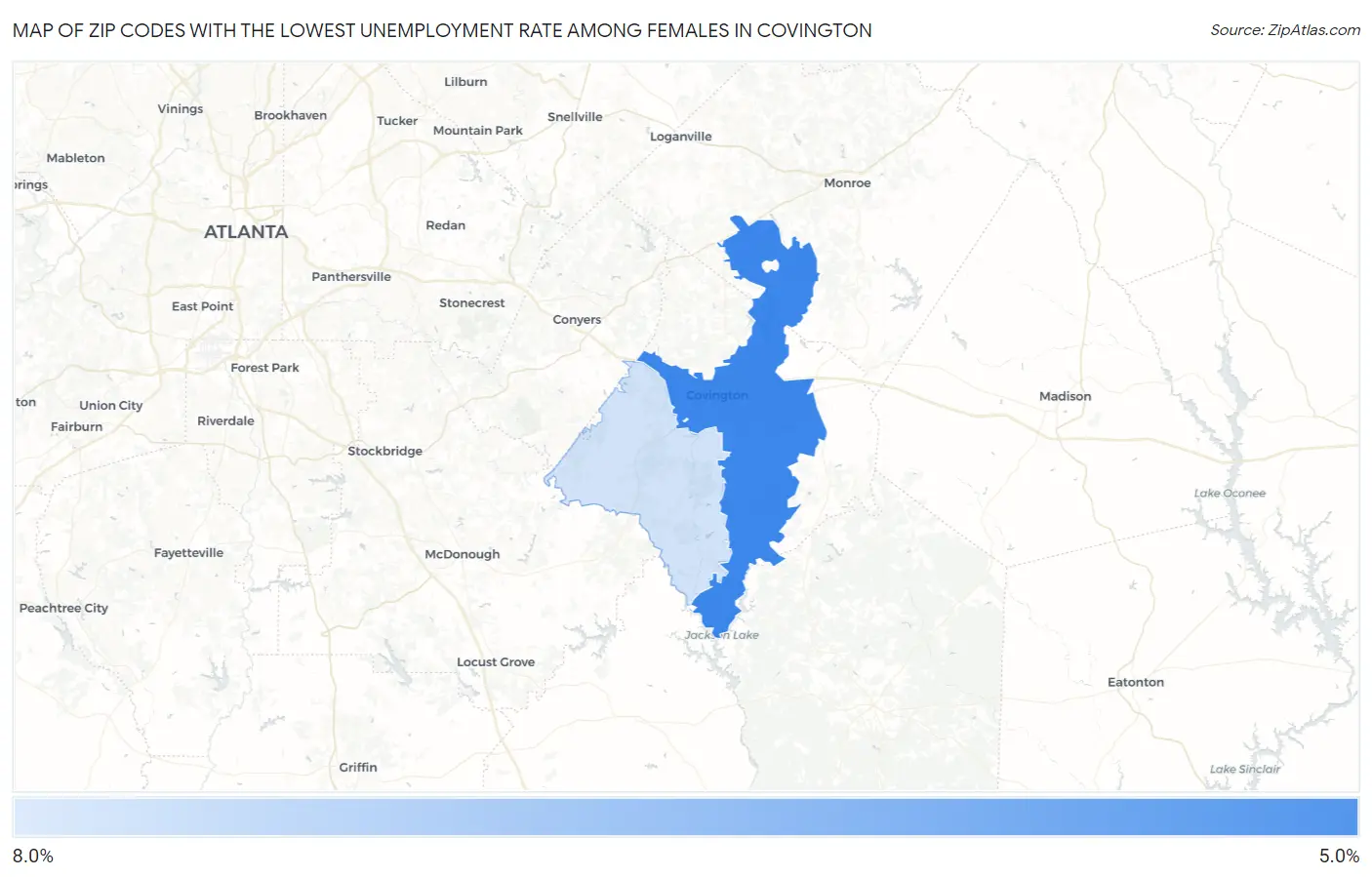 Zip Codes with the Lowest Unemployment Rate Among Females in Covington Map