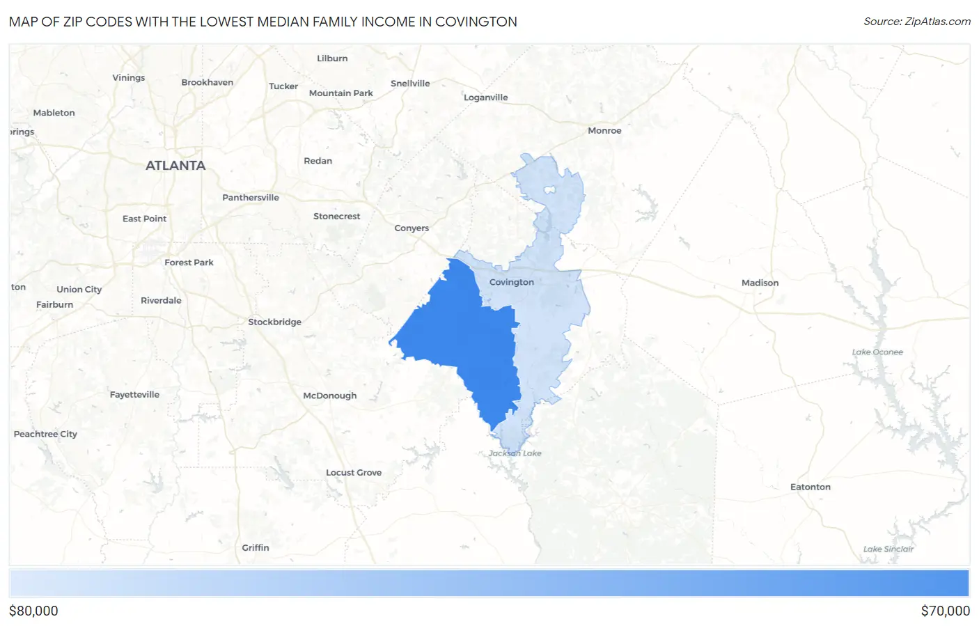 Zip Codes with the Lowest Median Family Income in Covington Map