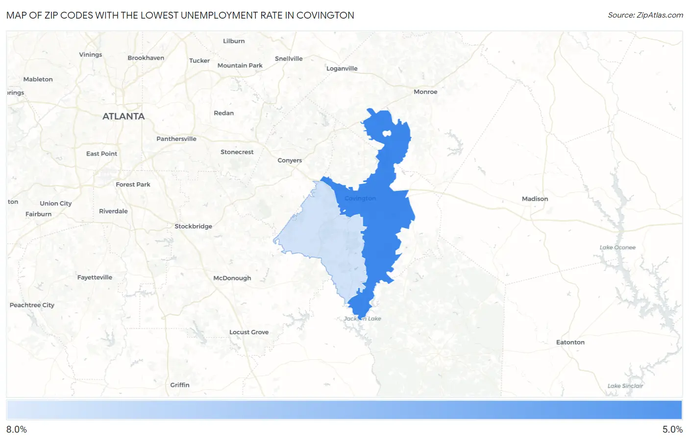 Zip Codes with the Lowest Unemployment Rate in Covington Map