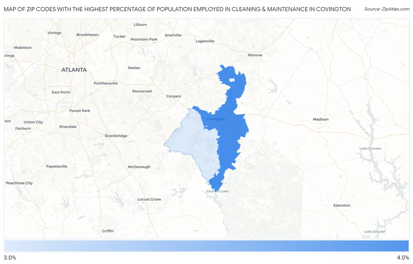 Zip Codes with the Highest Percentage of Population Employed in Cleaning & Maintenance in Covington Map