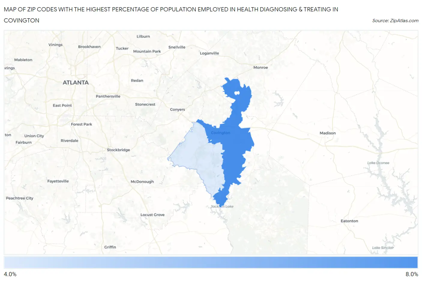 Zip Codes with the Highest Percentage of Population Employed in Health Diagnosing & Treating in Covington Map