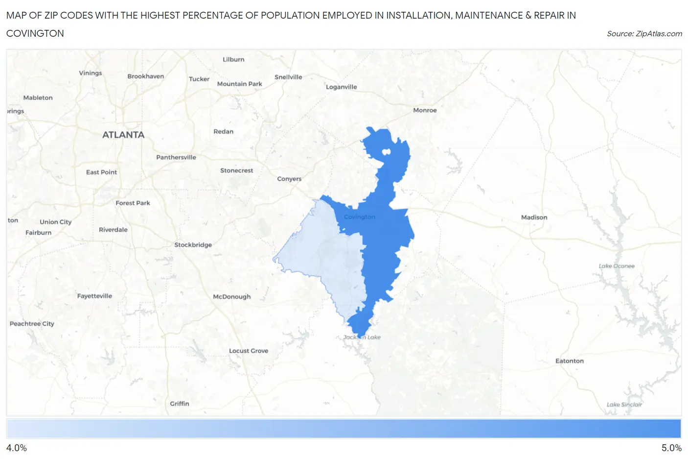 Zip Codes with the Highest Percentage of Population Employed in Installation, Maintenance & Repair in Covington Map