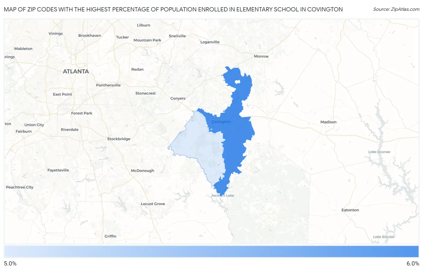 Zip Codes with the Highest Percentage of Population Enrolled in Elementary School in Covington Map