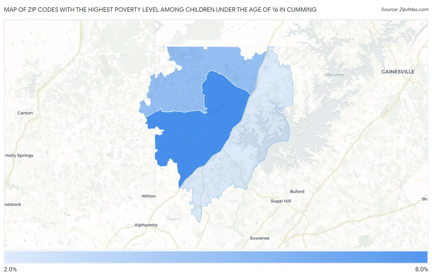Zip Codes with the Highest Poverty Level Among Children Under the Age of 16 in Cumming Map