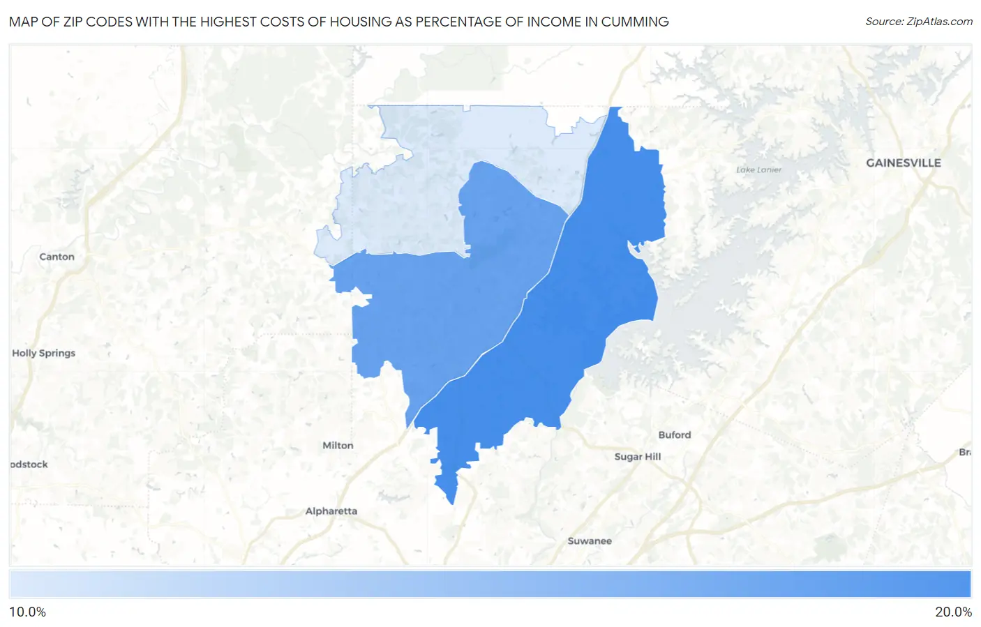 Zip Codes with the Highest Costs of Housing as Percentage of Income in Cumming Map